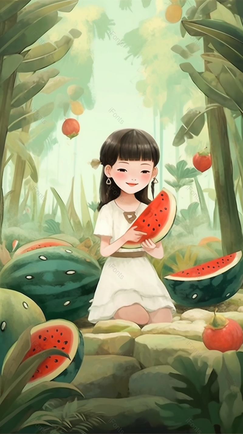 绿色的树林中一位小女孩吃着西瓜背景,插画/手绘图,插画/手绘图库,插画/手绘图下载,插画/手绘